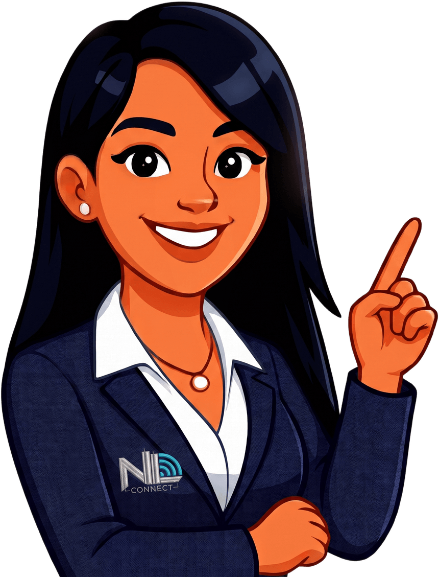Atendente da New Link Connect apontando para os planos de internet fibra óptica